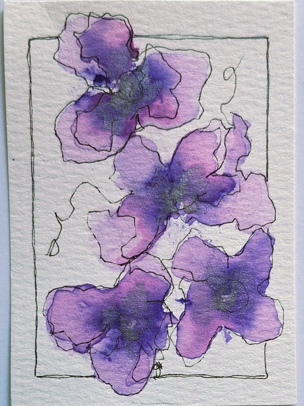 Original ACEO Watercolor Purple Floral with Silver Accents OOAK Ships Free